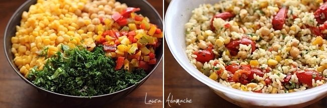 Dettaglio preparazione insalata di riso e verdure